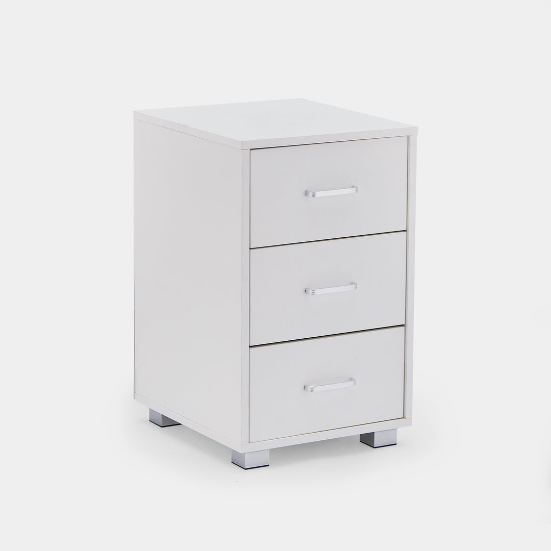 The closer view of the 3-drawer cabinet with silver metal handles and legs.