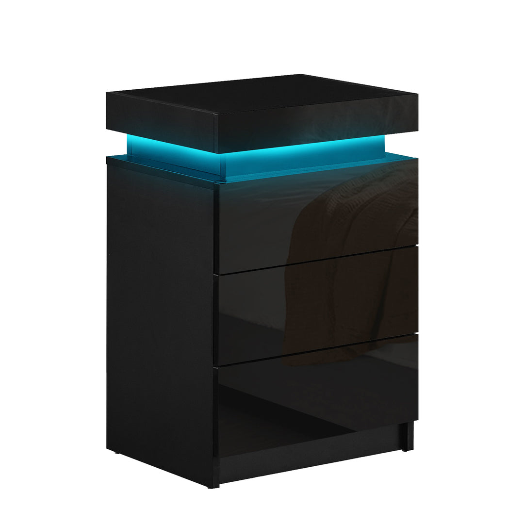Kumar White Bedside Table 3 Drawers Nightstand with LED Light | CLIPOP
