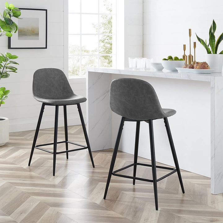 Montgomery Set of 2 Grey Leather Counter Bar Stools with Back | CLIPOP