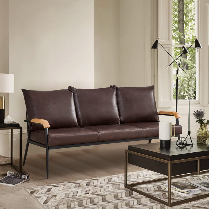 Modernes Sofa aus dunkelbraunem PU-Leder mit Holzarmen, 1-Sitzer, 2er-Sofa, 3-Sitzer
