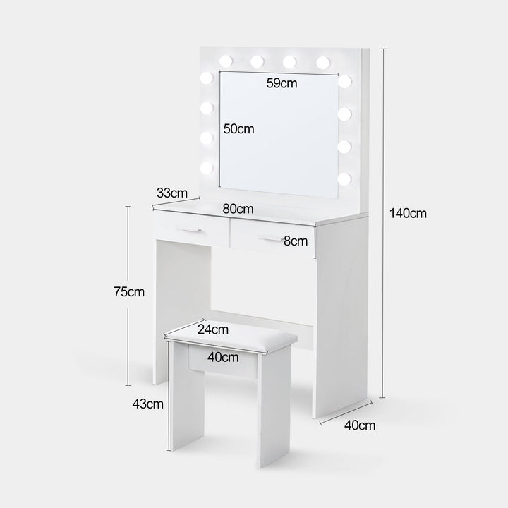 Showing the dimensions of the White Dressing Table with stool, Overall dimension: W80 x D33 x H140 cm; Stool dimension: W40 x D24 x H43 cm.