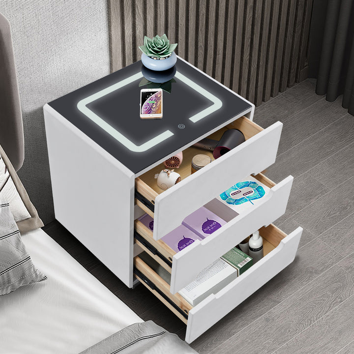 Erinn LED Light Bedside Table [2/3 Drawers][Charging Station][Nightstand]