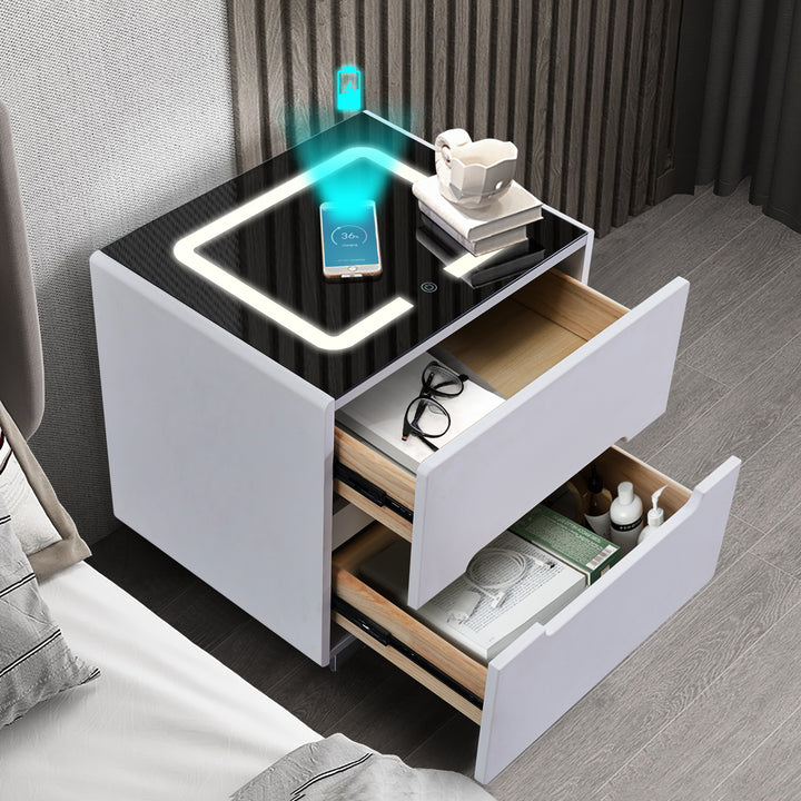 Erinn LED Light Bedside Table [2/3 Drawers][Charging Station][Nightstand]