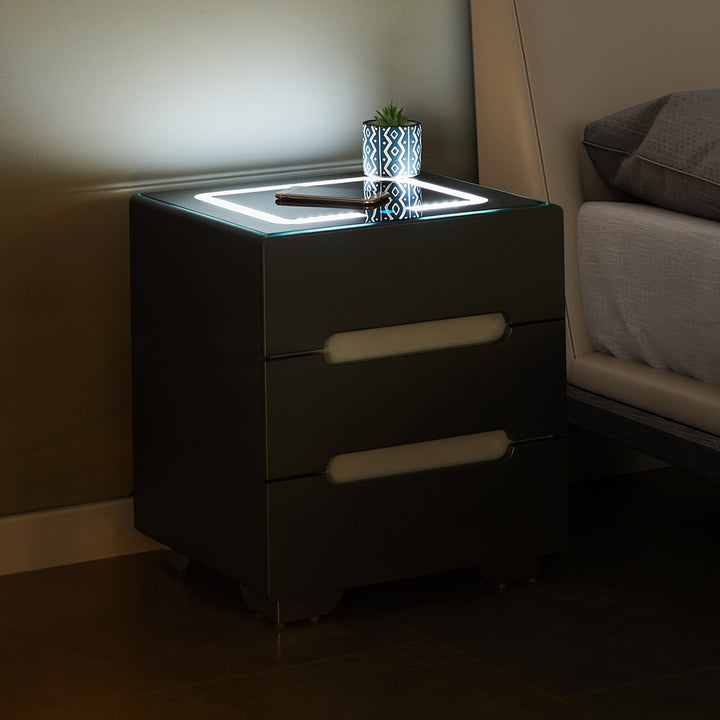 Erinn LED Light Bedside Table [2/3 Drawers][Charging Station][Nightstand]