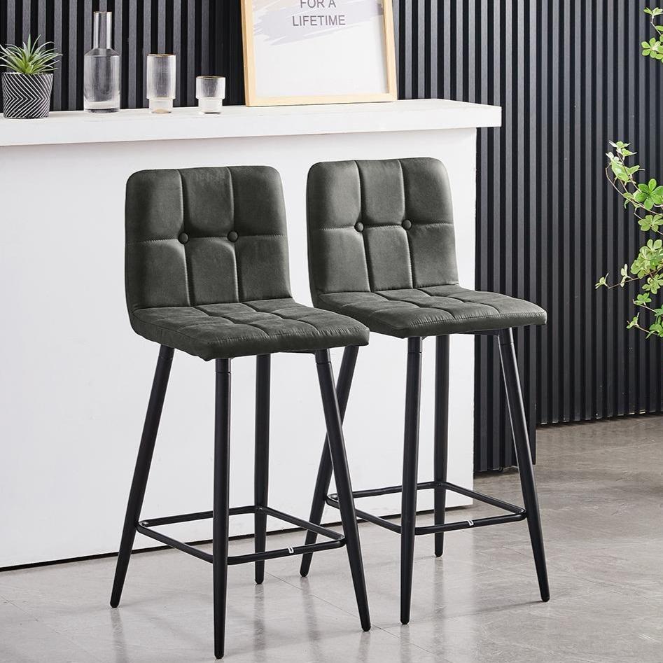 Set of 2 Grey Faux Leather Bar stools,Kitchen Counter Chairs With Button Tufting,Seat Height 65cm