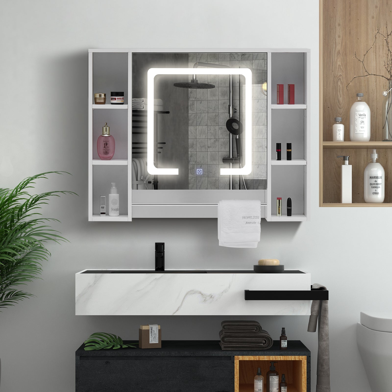 Vanity mirror with cheap storage and lights
