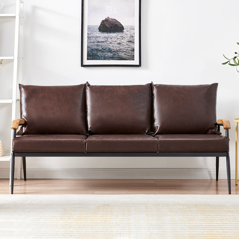 Modernes Sofa aus dunkelbraunem PU-Leder mit Holzarmen, 1-Sitzer, 2er-Sofa, 3-Sitzer