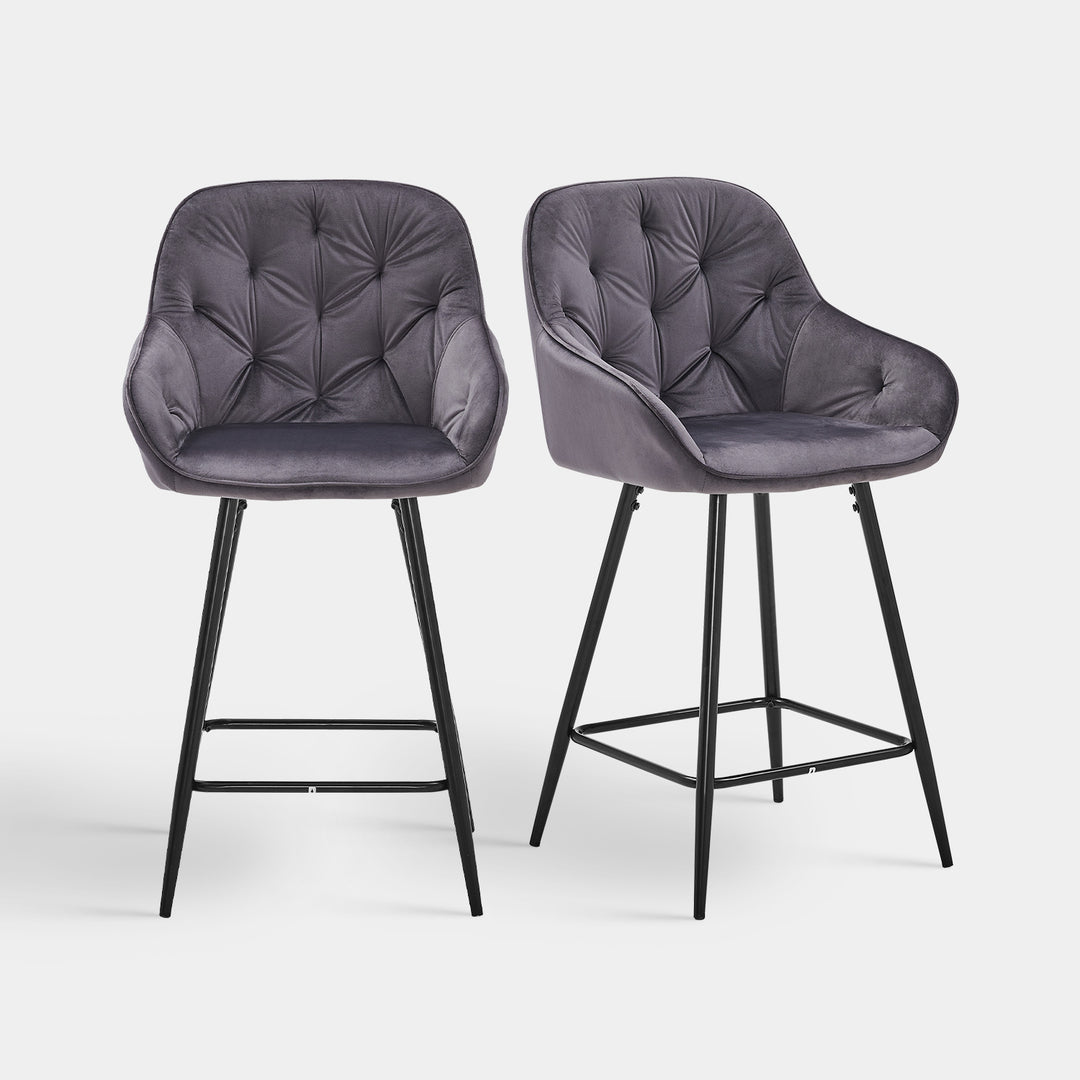 2er-Set Barhocker aus grauem Samt, Küchenthekenstuhl mit Rautensteppung, Sitzhöhe 65 cm