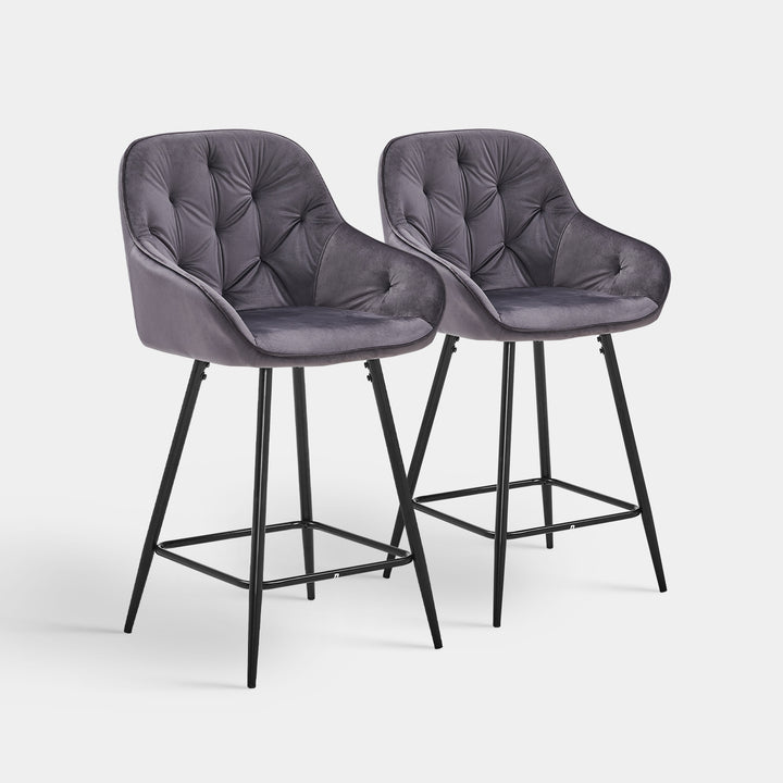 2er-Set Barhocker aus grauem Samt, Küchenthekenstuhl mit Rautensteppung, Sitzhöhe 65 cm